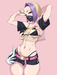  1girls 2d arms_up belt bikini_top blonde_hair catalyst_(fortnite) cowboy_shot female_only fortnite iogrunt mask midriff piercing purple_hair red_eyes short_hair shorts skimpy solo solo_female thong two_tone_hair 