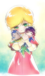  aiya_kyuu audrey_burne banagher_links blonde_hair character_doll commentary_request dozle_zabi female green_eyes gundam gundam_unicorn hug mineva_lao_zabi mobile_suit_gundam short_hair 