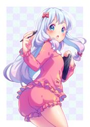  :o ass bad_hands blue_eyes blush bow commentary_request cowboy_shot drawing_tablet english_commentary eromanga_sensei female frills gradient_hair hairbow holding hugging_object izumi_sagiri long_hair long_sleeves looking_at_viewer multicolored_hair neko-rina pajamas purple_hair shorts solo white_hair 