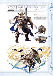  1boy absurdres armor armored_boots baotorda blonde_hair blue_eyes boots character_name chibi chibi_inset draph full_armor full_body gloves granblue_fantasy helmet highres horns male_focus minaba_hideo multiple_views official_art page_number photoshop_(medium) scan shield simple_background sword translation_request weapon 