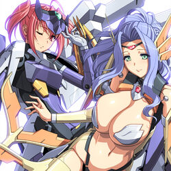  2girls blue_hair blush breasts busou_shinki cleavage commentary_request eukrante eyebrows fingernails green_eyes headband headgear ianeira large_breasts lips long_fingernails looking_at_viewer magaki_ryouta mecha_musume mechanical_wings multiple_girls navel one_eye_closed pink_hair red_eyes stomach twintails upper_body white_background wings 