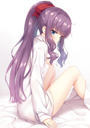  bare_legs bed_sheet blue_eyes blush brown_ribbon collared_shirt commentary_request dress_shirt female from_side hair_ribbon hand_on_own_chest highres long_hair looking_at_viewer looking_back md5_mismatch naked_shirt new_game! photoshop_(medium) ponytail purple_hair ribbon shirt sidelocks sitting sleeves_past_wrists solo takimoto_hifumi thighs tomifumi wavy_hair white_shirt 