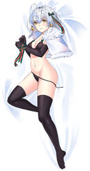  ahoge bad_id bad_pixiv_id bed_sheet bell beudyek black_bra black_gloves black_panties black_thighhighs blush bound bound_wrists bow bra breasts brown_eyes capelet christmas cleavage clenched_teeth commentary cosplay dakimakura_(medium) elbow_gloves english_commentary fate/grand_order fate_(series) female full_body fur-trimmed_capelet fur_trim gloves green_bow green_ribbons hairbow headpiece highres jeanne_d&#039;arc_alter_(avenger)_(fate) jeanne_d&#039;arc_alter_(fate) jeanne_d&#039;arc_alter_santa_lily_(fate) jeanne_d&#039;arc_alter_santa_lily_(fate)_(cosplay) looking_at_viewer lying medium_breasts navel no_shoes on_side panties photoshop_(medium) ribbon short_hair side-tie_panties solo striped striped_bow striped_ribbon teeth thighhighs underwear underwear_only untied_panties v-shaped_eyebrows white_capelet white_hair 