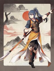  absurdres argyle argyle_legwear arm_up armor black_boots black_legwear blue_hair boots border breastplate cloud collarbone eyebrows_visible_through_hair female fire_emblem frogbians full_body grey_border hair_ornament japanese_clothes long_hair looking_to_the_side mountain naginta obi oboro_(fire_emblem_if) outdoors outstretched_arm pantyhose polearm ponytail red_eyes sash short_sleeves sky smile solo staff standing standing_on_one_legs sun tied_hair tree vambraces weapon 