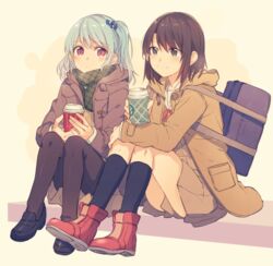  2girls aqua_hair arms_on_knees bag bang_dream! black_footwear black_socks black_thighhighs blue_eyes blue_hair blush boots brown_coat brown_dress brown_hair coat commentary_request cup disposable_coffee_cup disposable_cup dress full_body green_scarf hair_ornament hairclip hanasakigawa_school_uniform holding holding_cup hood hood_down hooded_coat knees_up long_hair long_sleeves matsubara_kanon medium_hair mikan-uji multiple_girls okusawa_misaki one_side_up pantyhose plaid plaid_scarf purple_eyes red_footwear sailor_dress scarf school_bag school_uniform shoes simple_background sitting smile socks thighhighs 