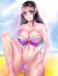  alone bikini black_hair blue_eyes breasts female female large_breasts long_hair nail_polish navel nico_robin one_piece sitting sky solo stomach sunglasses sunglasses_on_head thighs 