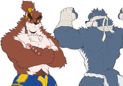  abs anthro asian_clothing assassin_cartuja back_muscles bandage biceps brown_body brown_fur canid canine cartuja chest_tuft clothing digital_media_(artwork) duo ear_piercing east_asian_clothing epic7 facial_scar flexing fundoshi fur grey_body grey_fur hi_res holding_arm japanese_clothing looking_at_self male mammal multicolored_body multicolored_fur muscular muscular_male nipples oleola123 pecs piercing pubes rear_view red_eyes scar simple_background smile square_crossover teeth tuft two_tone_body two_tone_fur underwear white_background 