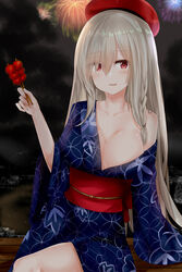  absurdres alternate_costume beret blonde_hair blue_kimono blurry blush braid breasts candy_apple chinese_commentary cleavage collarbone commentary_request crossed_legs depth_of_field eyes_visible_through_hair female festival fireworks floating_hair flower food g36c_(girls&#039;_frontline) g36c_(ode_to_summer)_(girls&#039;_frontline) girls&#039;_frontline hair_between_eyes hair_over_one_eye hat highres holding holding_food japanese_clothes kimono large_breasts long_hair looking_at_viewer night no_bra obi off_shoulder official_alternate_costume outdoors red_eyes ru_zhai sash side_braid sidelocks sitting smile solo tree very_long_hair yukata 