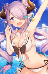  aozora_nan arm_up bikini blue_eyes blush braid breasts cloud commentary_request contrail cowboy_shot day double_bun draph earrings female granblue_fantasy hair_bun hair_ornament hair_over_one_eye hairclip highres horns jewelry large_breasts light_purple_hair long_hair looking_at_viewer narmaya_(granblue_fantasy) narmaya_(summer)_(granblue_fantasy) navel ocean official_alternate_costume outdoors pointy_ears purple_hair side-tie_bikini_bottom solo stomach swimsuit white_bikini 