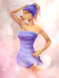  2017 3:4 alpha_and_omega anthro breasts canid canine canis cerbera cleavage clothed clothing digital_media_(artwork) female hi_res kate_(alpha_and_omega) mammal shaded shower solo standing towel towel_on_head towel_only water wet wolf 