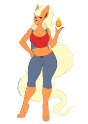  2019 anthro blonde_hair blue_eyes bottomwear breasts cleavage clothed clothing dated denim denim_bottomwear denim_clothing digital_media_(artwork) eeveelution eyelashes female flareon generation_1_pokemon hair jeans kitsunewaffles-chan looking_at_viewer midriff navel nintendo pants pokemon pokemon_(species) pokemorph rosalyn_(eeveexpert) shirt signature simple_background smile solo topwear vest white_background 