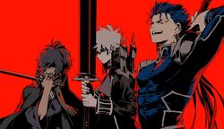  3boys ascot black_hair blue_hair charles-henri_sanson_(fate) commentary_request cu_chulainn_(fate) cu_chulainn_(fate/stay_night) executioner&#039;s_sword fate/grand_order fate/stay_night fate_(series) grey_eyes high_collar katana multiple_boys okada_izou_(fate) orange_hair polearm red_background red_eyes scarf seiya_ingen shoulder_pads spear sword weapon white_hair 