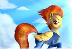  2016 amber_eyes clothed clothing cloud equid equine feathered_wings feathers female feral friendship_is_magic fur hair hasbro jeki looking_at_viewer mammal multicolored_hair my_little_pony mythological_creature mythological_equine mythology orange_hair outside pegasus sky solo spitfire_(mlp) two_tone_hair uniform wings wonderbolts_(mlp) yellow_body yellow_feathers yellow_fur 