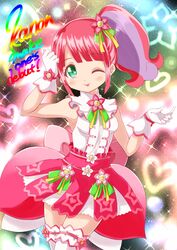  ! absurdres bad_id bad_pixiv_id bare_shoulders blush character_name dress female flower gloves green_eyes hair_flower hair_ornament heart heart-shaped_pupils highres kanon_(pripara) light_purple_hair long_hair multicolored_hair one_eye_closed pink_hair pretty_series pripara side_ponytail solo soraryu_saworu sparkle symbol-shaped_pupils thighhighs tongue tongue_out two-tone_hair 