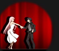  1boy bad_id bad_twitter_id bare_shoulders black_hair black_necktie blue_eyes breasts collared_shirt commentary_request couple crossover curtains dancing darling_in_the_franxx dress facing_another female formal green_eyes herozu_(xxhrd) high_heels hiro_(darling_in_the_franxx) holding_hands horns indoors jpeg_artifacts kekkai_sensen long_hair long_sleeves looking_at_another medium_breasts necktie no_socks oni_horns open_clothes parody pink_hair red_horns shirt sleeveless sleeveless_dress spotlight straight sugar_song_and_bitter_step suit white_dress white_footwear white_shirt wing_collar zero_two_(darling_in_the_franxx) 