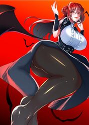  artist_request ass blush breasts curvy double_bun dress erze_(king&#039;s_raid) female highres king&#039;s_raid large_breasts long_hair looking_at_viewer oerba_yun_fang open_mouth pantyhose red_background red_eyes red_hair shiny shiny_clothes shiny_hair smile solo thick_thighs thighs vampire wings 