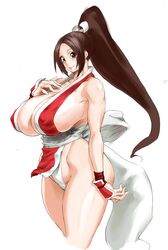  bad_id bad_link bad_twitter_id bare_shoulders bonten breasts brown_eyes brown_hair cleavage covered_nipples fatal_fury female highres hip_focus huge_breasts lips long_hair looking_at_viewer pelvic_curtain ponytail revealing_clothes shiranui_mai simple_background smile solo the_king_of_fighters thick_thighs thighs white_background 