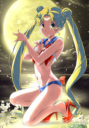  adapted_costume beach bishoujo_senshi_sailor_moon blonde_hair blue_eyes blue_sailor_collar bow bowtie bra commentary_request double_bun female flower full_body hair_bun high_heels highres kneeling kntrs_(knyrs) long_hair looking_at_viewer moon night panties platform_footwear pose red_bow red_bowtie sailor_collar sailor_moon sailor_moon_narikiri_bra_set sailor_senshi_uniform shoes solo toeless_footwear tsuki_ni_kawatte_oshioki_yo tsukino_usagi twintails underwear underwear_only water 