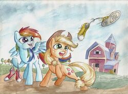  2016 applejack_(mlp) barn clothing duo equid equine feathered_wings feathers female feral footwear friendship_is_magic hasbro horse mammal my_little_pony mythological_creature mythological_equine mythology pegasus pony rainbow_dash_(mlp) shoes the-wizard-of-art traditional_media_(artwork) wings 