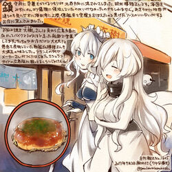  2girls :d abyssal_ship bare_shoulders blue_eyes closed_eyes colored_pencil_(medium) commentary_request dated dress european_princess food french_battleship_princess hair_over_one_eye kantai_collection kirisawa_juuzou long_hair multiple_girls numbered okonomiyaki open_mouth short_hair sleeveless sleeveless_dress smile traditional_media translation_request twitter_username white_dress white_hair 