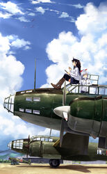  2girls aircraft airplane black_legwear black_skirt blue_sky boots clipboard cloud commentary_request day female_admiral_(kancolle) g4m grey_hair hair_ribbon hat head_rest highres j2m_raiden kantai_collection ki-49_donryuu long_hair long_sleeves military military_uniform mountain multiple_girls naval_uniform neko_(yanshoujie) notepad outdoors peaked_cap pen ponytail ribbon sitting skirt sky smile thighhighs uniform vehicle_focus yellow_eyes 