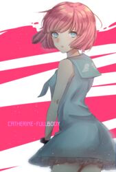  1boy androgynous atlus bangs blue_eyes bob_cut catherine:_full_body catherine_(game) eyebrows highres pink_hair rin_(catherine) short_hair solo trap 