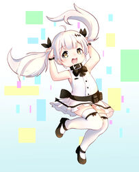  :d absurdres aged_down ahoge arms_up bare_shoulders belt_buckle belt_collar black_bow black_collar black_footwear black_ribbon blush bow brown_eyes buckle bunching_hair collar commentary_request dress_shirt female five-seven_(adventures_of_fenfen)_(girls&#039;_frontline) five-seven_(girls&#039;_frontline) girls&#039;_frontline hair_ornament hair_ribbon highres long_hair looking_away looking_up official_alternate_costume open_mouth pleated_skirt ribbon round_teeth shiro_hakuchou shirt shoes skirt sleeveless sleeveless_shirt smile solo teeth thighhighs upper_teeth_only very_long_hair white_hair white_shirt white_skirt white_thighhighs 