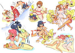  5girls angry barefoot beach_towel bikini bikini_tan blood blush breasts buried cleavage commentary_request drill_hair food frilled_bikini frills front-tie_bikini_top front-tie_top harime_nui highres ice_cream inflatable_toy jakuzure_nonon junketsu kill_la_kill kiryuuin_satsuki large_breasts lying mankanshoku_mako matoi_ryuuko midriff multiple_girls navel nosebleed one-piece_tan poking polka_dot polka_dot_bikini popsicle rafchu sand senketsu shovel side-tie_bikini_bottom sitting sitting_on_person smile swimsuit tan tanlines towel twin_drills twintails untied_bikini water yuri 