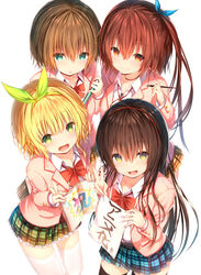  4girls :d :o announcement_celebration black_legwear blazer blonde_hair blue_ribbon blue_skirt blush book bow brown_hair brown_skirt closed_mouth collared_shirt commentary_request green_eyes green_hairband green_ribbons green_skirt hair_ribbon hairband highres holding holding_book holding_paper holding_pen jacket kawaikereba_hentai_demo_suki_ni_natte_kuremasu_ka? kiryuu_mizuha koga_yuika long_hair multiple_girls nanjou_mao nib_pen_(object) one_side_up open_clothes open_jacket open_mouth paper parted_lips pen pink_jacket plaid plaid_skirt pleated_skirt red_bow red_eyes ribbon school_uniform shirt short_hair simple_background skirt smile sune_(mugendai) thighhighs tokihara_sayuki translation_request v very_long_hair white_background white_legwear white_shirt 