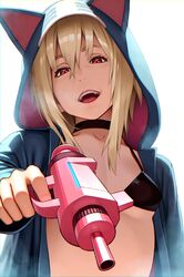  :d animal_hood black_bra black_choker blonde_hair bra breasts choker commentary_request cosplay doraemon doraemon_(character) doraemon_(character)_(cosplay) energy_gun fangs female finger_on_trigger go_robots hair_between_eyes head_tilt highres holding holding_sword holding_weapon hood hood_up hoodie long_sleeves looking_at_viewer open_clothes open_hoodie open_mouth pointing pointing_at_viewer red_eyes short_hair simple_background small_breasts smile solo sword underwear upper_body weapon white_background 