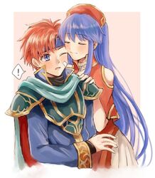  1boy armor blue_eyes blue_hair blush cape closed_eyes commentary_request cosplay couple dress eliwood_(fire_emblem) eliwood_(fire_emblem)_(cosplay) female fire_emblem fire_emblem:_the_binding_blade fire_emblem:_the_blazing_blade fire_emblem_heroes gloves hat lilina_(fire_emblem) long_hair red_hair roy_(brave_lion)_(fire_emblem) roy_(fire_emblem) short_hair simple_background smile straight wspread 