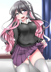  alternate_costume arm_support black_hair black_sweater blue_eyes blush breasts clothes_lift commentary_request cowboy_shot curtains female fingernails gradient_eyes hair_ribbon highres indoors kantai_collection kashiwamochi_(kashiwakashiwa) large_breasts long_hair looking_at_viewer multicolored_eyes multicolored_hair naganami_(kancolle) naganami_kai_ni_(kancolle) naughty_face oerba_yun_fang open_mouth panties pink_hair pleated_skirt purple_skirt ribbon school_uniform shirt skindentation skirt skirt_lift solo sweater thighhighs thighs two-tone_hair underwear very_long_hair wavy_hair white_panties white_ribbon white_shirt window windowsill yellow_eyes 