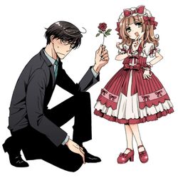  1boy bad_id bad_twitter_id blunt_bangs blush bow commentary_request dress female flower formal full_body glasses green_eyes hairband hand_on_own_hip headdress kinoshita_sakura koisuru_ojou-sama_wa_papa_to_yobitakunai lolicon lolita_fashion lolita_hairband official_art ojou-sama_pose on_one_knee puffy_short_sleeves puffy_sleeves red_bow red_dress red_flower red_footwear red_rose rose sakaki_karen short_hair short_sleeves smile smug suit sweet_lolita yahiro_masamune 