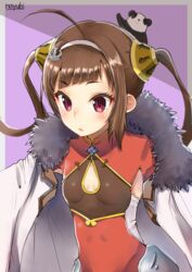  ahoge anchor_hair_ornament animal animal_on_head azur_lane breasts brown_hair china_dress chinese_clothes commentary_request diagonal_bangs dress female fur-trimmed_jacket fur_trim hair_ornament hairband hairpods highres jacket jacket_on_shoulders long_hair nayuhi_(yukimuu14) on_head panda panda_on_head ping_hai_(azur_lane) purple_background red_dress red_eyes signature small_breasts solo twintails upper_body white_hairband white_jacket 