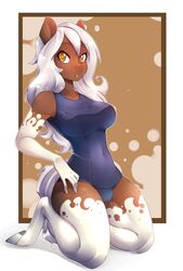  5_fingers anthro better_version_at_source breasts brown_body brown_skin clothed clothing equid equine female fingers hair hi_res hooves horse kneeling looking_at_viewer mammal navel one-piece_swimsuit pony simple_background solo suelix sundae_(oc) swimwear white_hair wide_hips yellow_eyes 