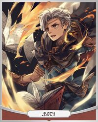  1boy anocurry artist_name boey_(fire_emblem) book brown_eyes cape character_name circlet commentary_request dark-skinned_male dark_skin fire fire_emblem fire_emblem_echoes:_shadows_of_valentia gloves male_focus open_mouth solo teeth upper_body white_hair 