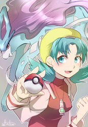  artist_name blue_eyes blue_hair breasts clenched_hand commentary_request female grey_background hat holding holding_poke_ball hoshino_(pixiv12796893) kris_(pokemon) long_hair long_sleeves looking_at_viewer medium_breasts open_mouth poke_ball poke_ball_(basic) pokemon pokemon_(creature) pokemon_gsc purple_hair red_eyes signature smile suicune twintails yellow_hat 