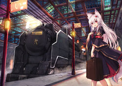  animal building foxgirl haik long_hair original red_eyes tail train white_hair 