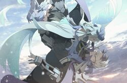  1boy armor bare_shoulders black_hair brynhildr_(fate) cape closed_eyes closed_mouth couple fate/grand_order fate/prototype fate/prototype:_fragments_of_blue_and_silver fate_(series) female floating gauntlets glasses gloves grey_hair hair_ornament headpiece long_hair mono_(freerotary) multicolored_hair outdoors parted_lips sigurd_(fate) sky straight two-tone_hair very_long_hair white_hair 