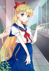  aino_minako amick_(americanomix) bad_id bad_pixiv_id bishoujo_senshi_sailor_moon blonde_hair blue_eyes blue_skirt bow collarbone earrings female floating_hair hair_between_eyes hairbow highres jewelry long_hair long_skirt looking_at_viewer neckerchief outdoors pleated_skirt rain red_bow red_neckerchief school_uniform serafuku shiba_koen_middle_school_uniform shirt short_sleeves signature skirt smile solo standing very_long_hair white_shirt 