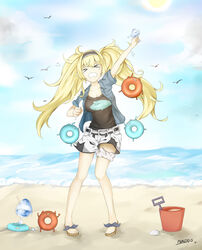  &gt;_&lt; &gt;o&lt; abyssal_ship arm_up bare_legs beach belt big_hair bird blonde_hair blue_eyes blue_shirt blue_sky breast_pocket breasts bucket buttons cleavage closed_eyes cloud cloudy_sky collarbone collared_shirt commentary_request crying d: day enemy_lifebuoy_(kancolle) facing_viewer female food full_body gambier_bay_(kancolle) hair_between_eyes hairband hand_up holding holding_food holding_spoon horizon kantai_collection large_breasts long_hair low_twintails multicolored_clothes ocean omuretu_(butterroru) open_mouth outdoors pigeon-toed pocket sand sandals seagull shaved_ice shirt short_shorts short_sleeves shorts shovel signature sky solo spoon standing sun t-shirt tearing_up tears toes twintails wavy_mouth 