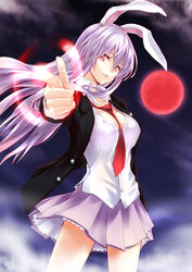  animal_ears between_breasts breasts buttons cleavage collared_shirt commentary_request cowboy_shot female finger_gun fog full_moon hair_between_eyes highres jacket kurokawa_(silve) large_breasts legs_apart long_hair looking_at_viewer moon necktie necktie_between_breasts night night_sky open_clothes open_shirt outstretched_arm parted_lips photoshop_(medium) pleated_skirt pointing pointing_at_viewer purple_hair purple_skirt rabbit_ears red_eyes red_moon red_necktie reisen_udongein_inaba shirt skirt sky solo standing straight_hair touhou white_shirt 