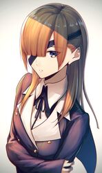  black_coat blue_eyes blunt_bangs brown_hair chromatic_aberration coat commentary eyepatch eyes_visible_through_hair fal_(fal-se-0) fate/grand_order fate_(series) female gradient_background grey_background hand_on_own_arm highres long_hair long_sleeves looking_at_viewer one_eye_covered open_mouth ophelia_phamrsolone parted_lips shadow simple_background solo upper_body white_background 