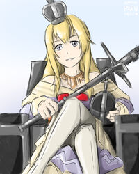  admiral_paru blonde_hair blue_eyes commentary crossed_legs crown dress english_commentary female globus_cruciger kantai_collection long_hair mini_crown orb scepter sitting smile smug solo thighhighs throne warspite_(kancolle) 