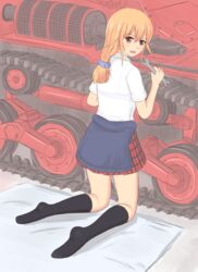  bad_id bad_pixiv_id black_socks blush bra brown_eyes brown_hair clothes_around_waist female girls_und_panzer girls_und_panzer_ribbon_no_musha highres kneeling long_hair matsukaze_rin military military_vehicle motor_vehicle see-through skirt smile socks solo sweater sweater_around_waist tank type_97_te-ke underwear wacchi-san wrench 