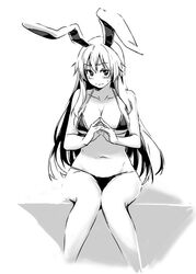  animal_ears bad_id bad_twitter_id bikini blush breasts cleavage collarbone cropped_legs female fingers_together greyscale knees_together_feet_apart large_breasts lefthand long_hair looking_at_viewer monochrome navel rabbit_ears reisen_udongein_inaba simple_background sitting solo sweatdrop swimsuit touhou white_background 