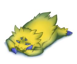  2016 4_eyes ambiguous_gender blue_eyes bored feral fur generation_5_pokemon hand_on_face joltik looking_down lurry lying multi_eye nintendo on_front pokemon pokemon_(species) simple_background solo white_background yellow_body yellow_fur 