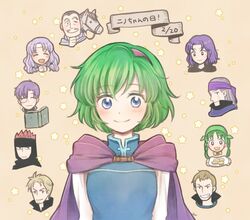  3girls 6+boys bandana black_hair blonde_hair blue_eyes book brothers brown_hair canas_(fire_emblem) cape closed_eyes closed_mouth commentary_request erk_(fire_emblem) facial_hair fire_emblem fire_emblem:_the_blazing_blade florina_(fire_emblem) green_hair grin hairband headband hira_(otemoto84) horse jaffar_(fire_emblem) legault_(fire_emblem) linus_(fire_emblem) lloyd_(fire_emblem) long_hair merlinus_(fire_emblem) monocle moustache multiple_boys multiple_girls nino_(fire_emblem) one_eye_closed open_book open_mouth purple_hair rebecca_(fire_emblem) short_hair siblings smile star_(symbol) upper_body 