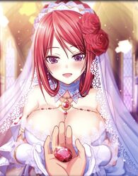  artist_request blush bow breasts bridal_veil church detached_collar dress earrings female flower game_cg gem gloves hair_flower hair_ornament hairbow hand_grab huge_breasts jewelry lapis_(phantom_of_the_kill) long_hair necklace official_art open_mouth phantom_of_the_kill red_eyes red_flower red_hair red_rose rose shekinah_(phantom_of_the_kill) veil wedding_dress white_dress white_gloves 