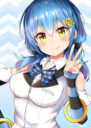  blue_bow blue_hair blush bow breasts closed_mouth collared_shirt commentary_request detached_sleeves dress female fingernails hair_between_eyes hair_ornament hairclip head_tilt icetea jacket long_hair long_sleeves looking_at_viewer medium_breasts natsumi_moe photoshop_(medium) plaid plaid_bow polka_dot polka_dot_background shirt signature sleeveless sleeveless_jacket sleeves_past_wrists smile solo striped_sleeves sylphine upper_body v virtual_youtuber white_jacket white_shirt yellow_eyes 